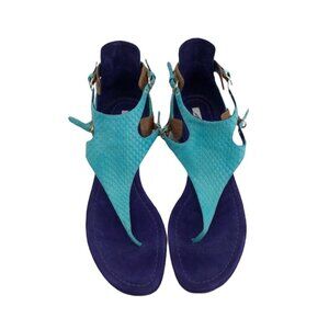 Brian Atwood leather colorblock teal purple brown strappy  caprese thong sandals